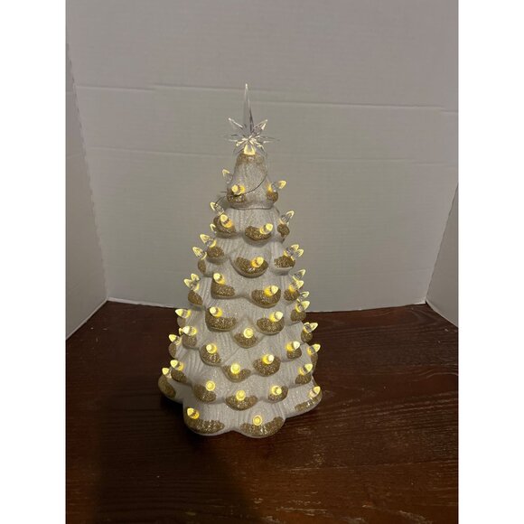 Glittery White & Gold Ceramic Lighted Christmas Tree With LED Lights & Star Topp - Picture 1 of 4